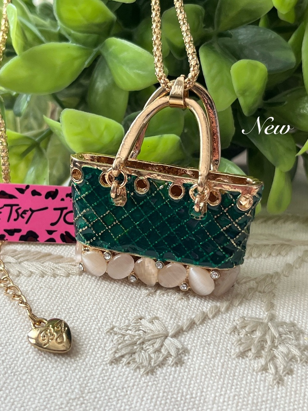 Betsey Johnson Green & Cream Quilted Mini Bag Pendant Necklace ~New~